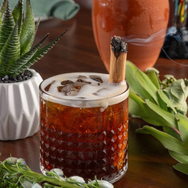 A dark cocktail with foam, coffee beans, and a smoking cinnamon stick, next to plants.