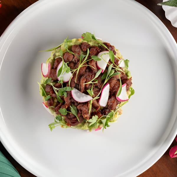 Mezcal Mexican Restaurant's dish with meat, guacamole, radishes, and cilantro on a white plate.