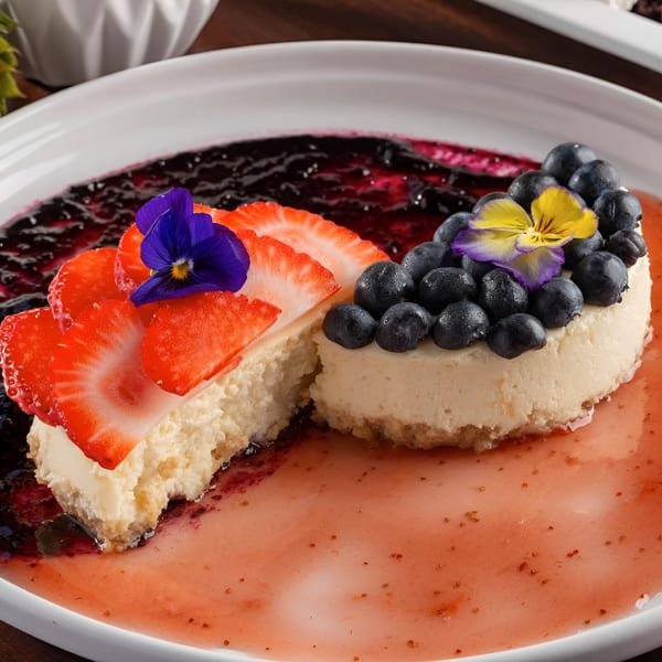 Two cheesecakes, one with strawberries and the other with blueberries, garnished with edible flowers.